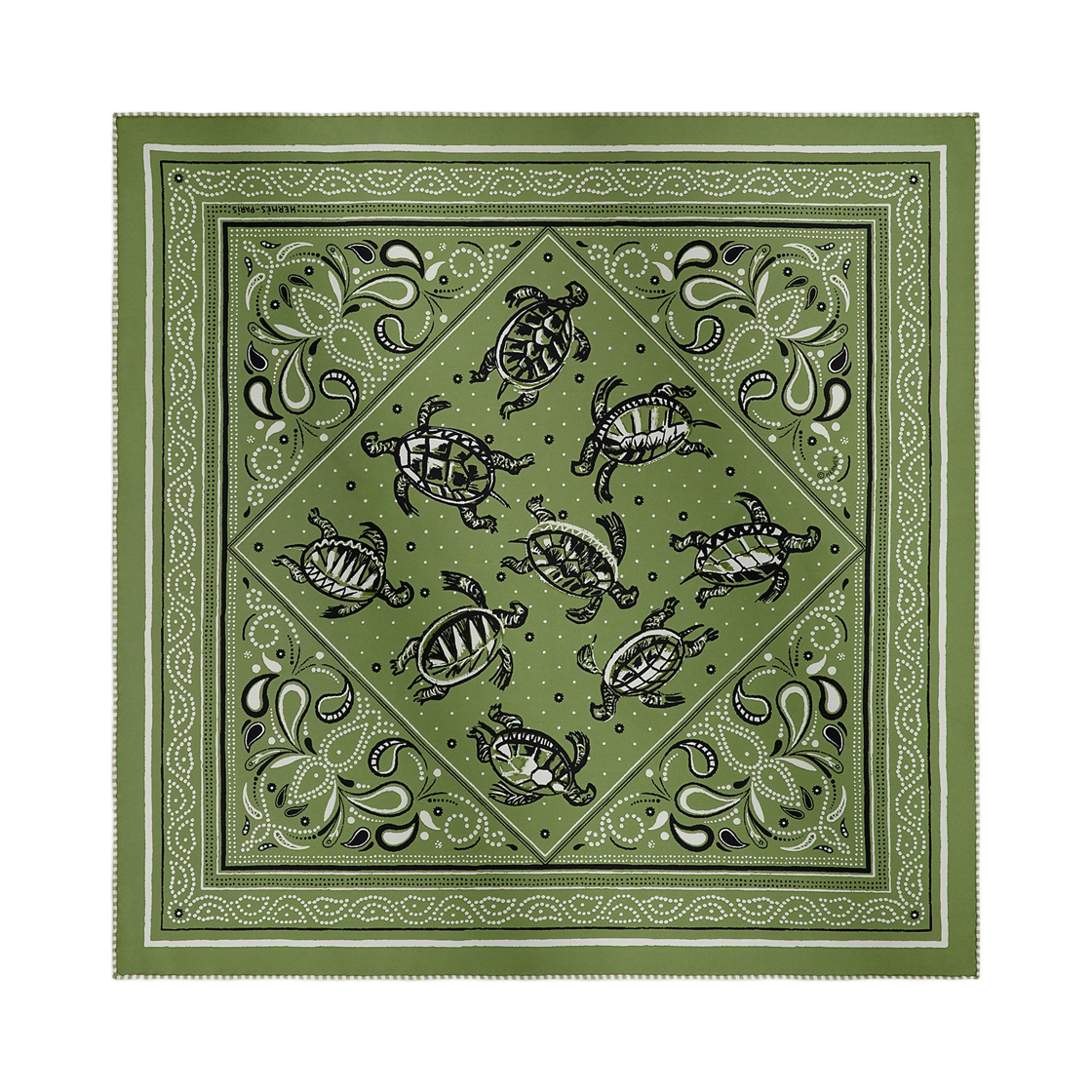 H044352S05 (W) Hermes Les Tortues Bandana 55 Silk Twill &  Vert Olive Noir Blanc