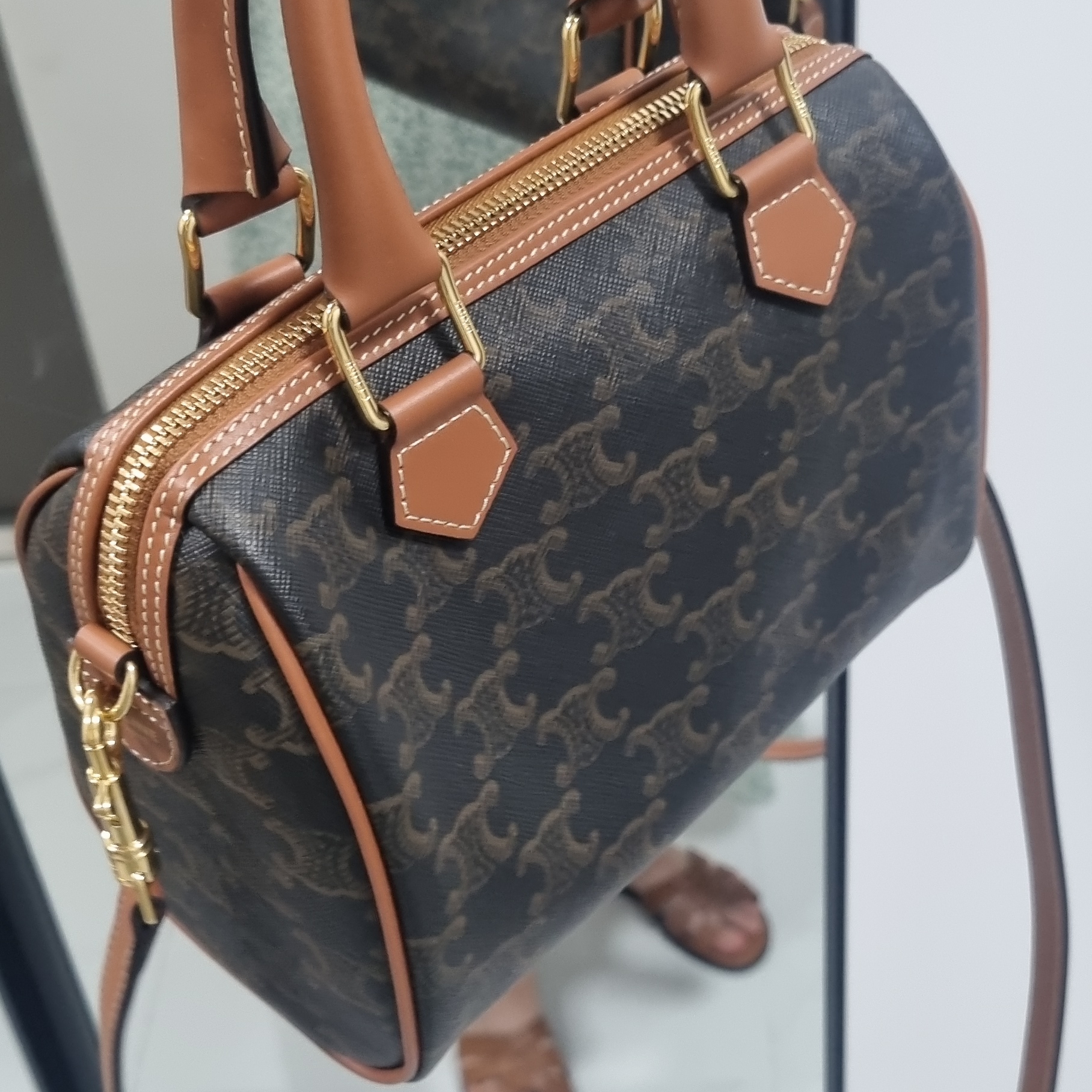 Celine Small Boston Cuir Triomphe in Triomphe Canvas Calfskin Tan 착용 스타일 - 2