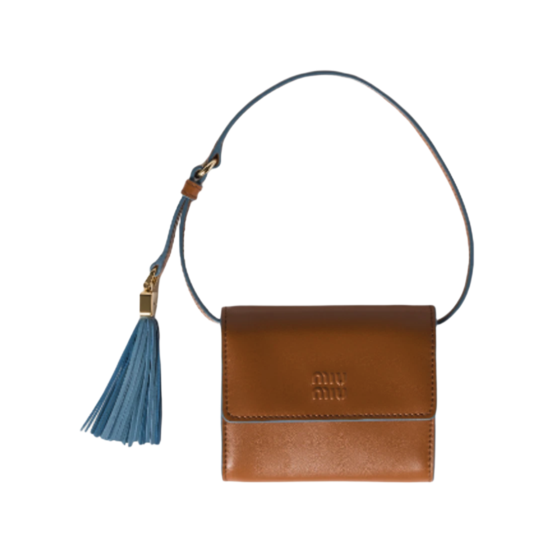 5MT024 2IDW F0NP5 25F [25% 쿠폰] Miu Miu Leather Wallet with Shoulder Strap Cognac Astral Blue