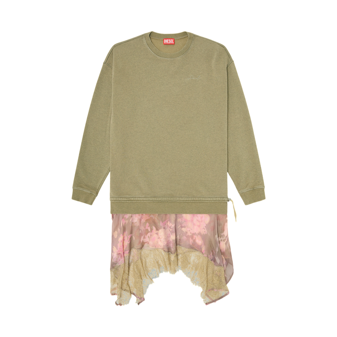 A222400SJBS-5LEA (W) Diesel Sweatshirt Dress with Chiffon and Lace Skirt Pink Green