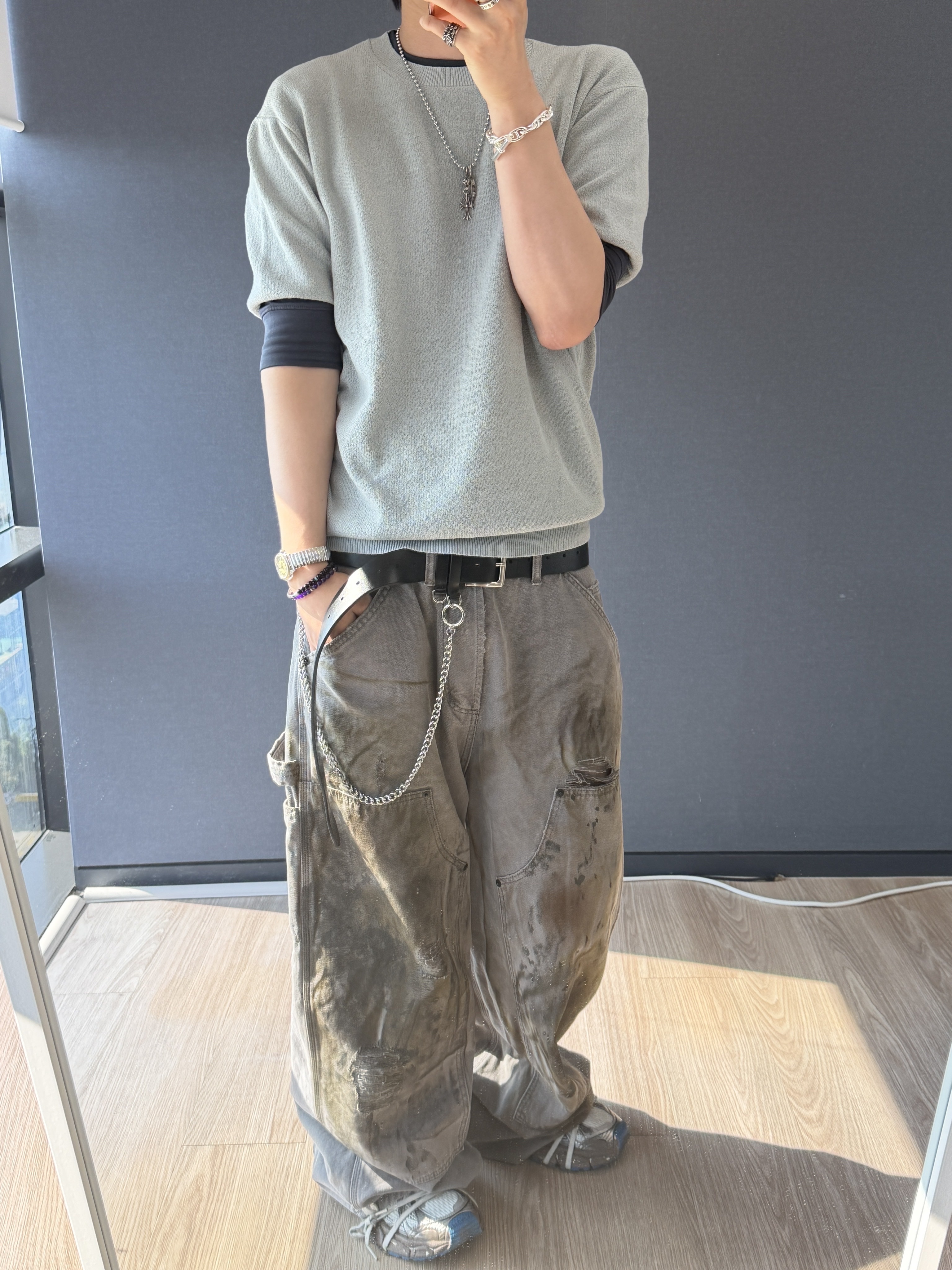 Undermycar Workers Distressed Dirty Painting Carpenter Gray - 25SS 착용 스타일 - 2