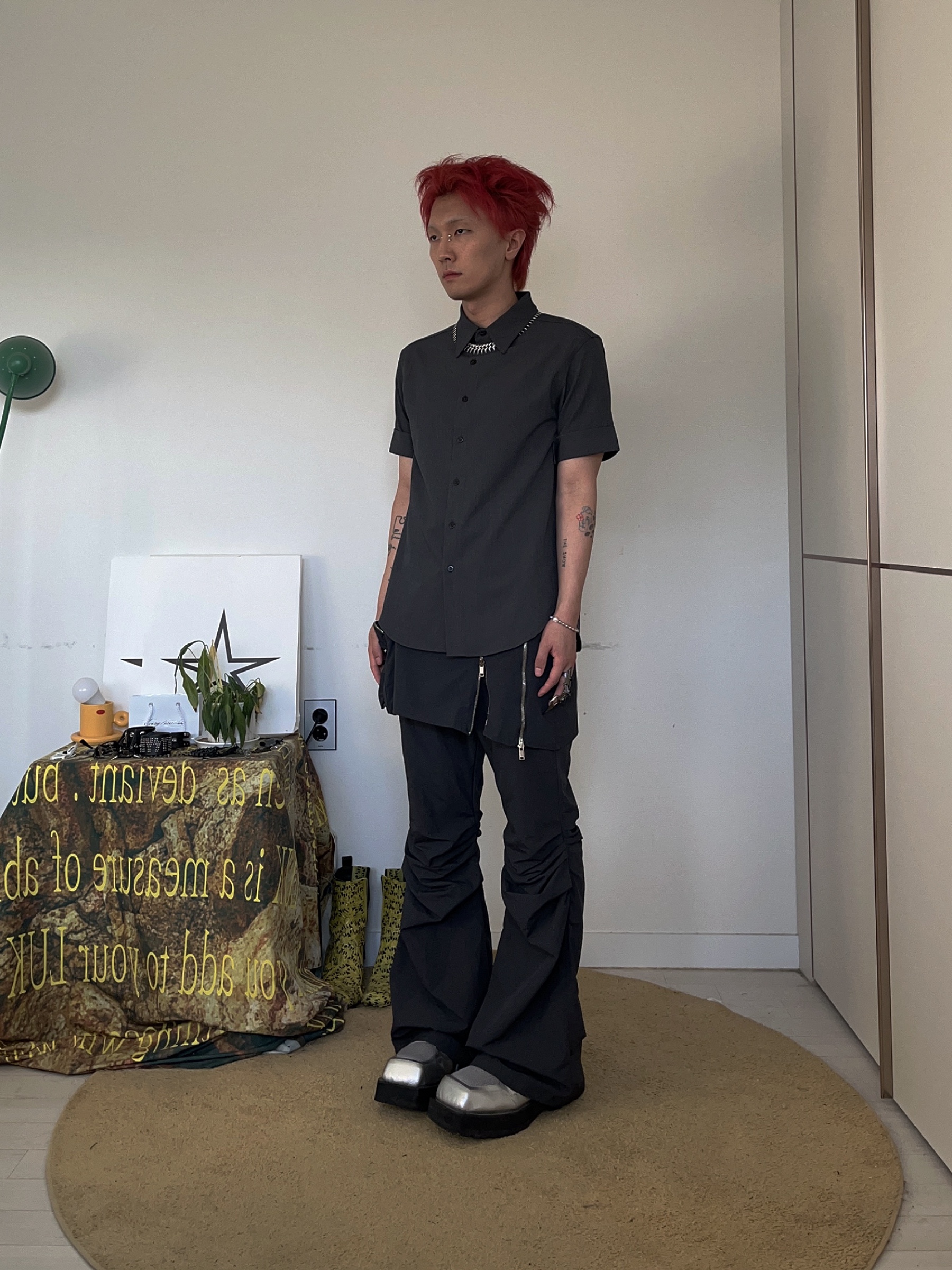 Nache Boots Cut Skirt Pants Unisex Charcoal - 25FW 착용 스타일 - 2