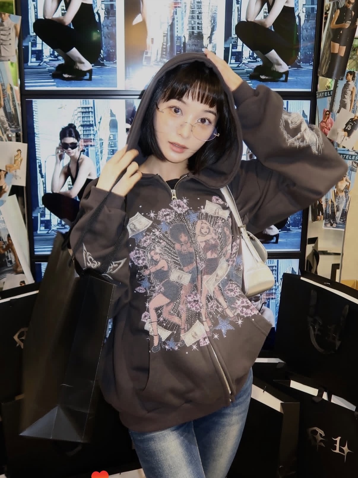 Gateless Girls Zip-up Hoodie-Pink, Gateless Girls Zip-up Hoodie-Pink-Charcoal 착용 스타일 - 2
