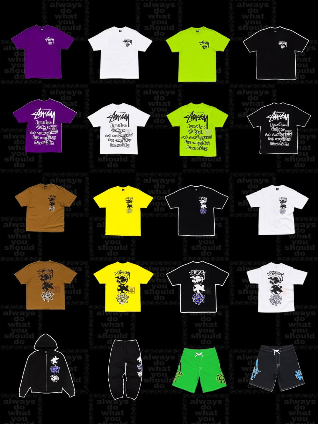 Stussy x Always Do What You Should Do Stack T-Shirt Black, Stussy x Always Do What You Should Do World Tour T-Shirt White μ°©μ© μ€νμΌ - 4