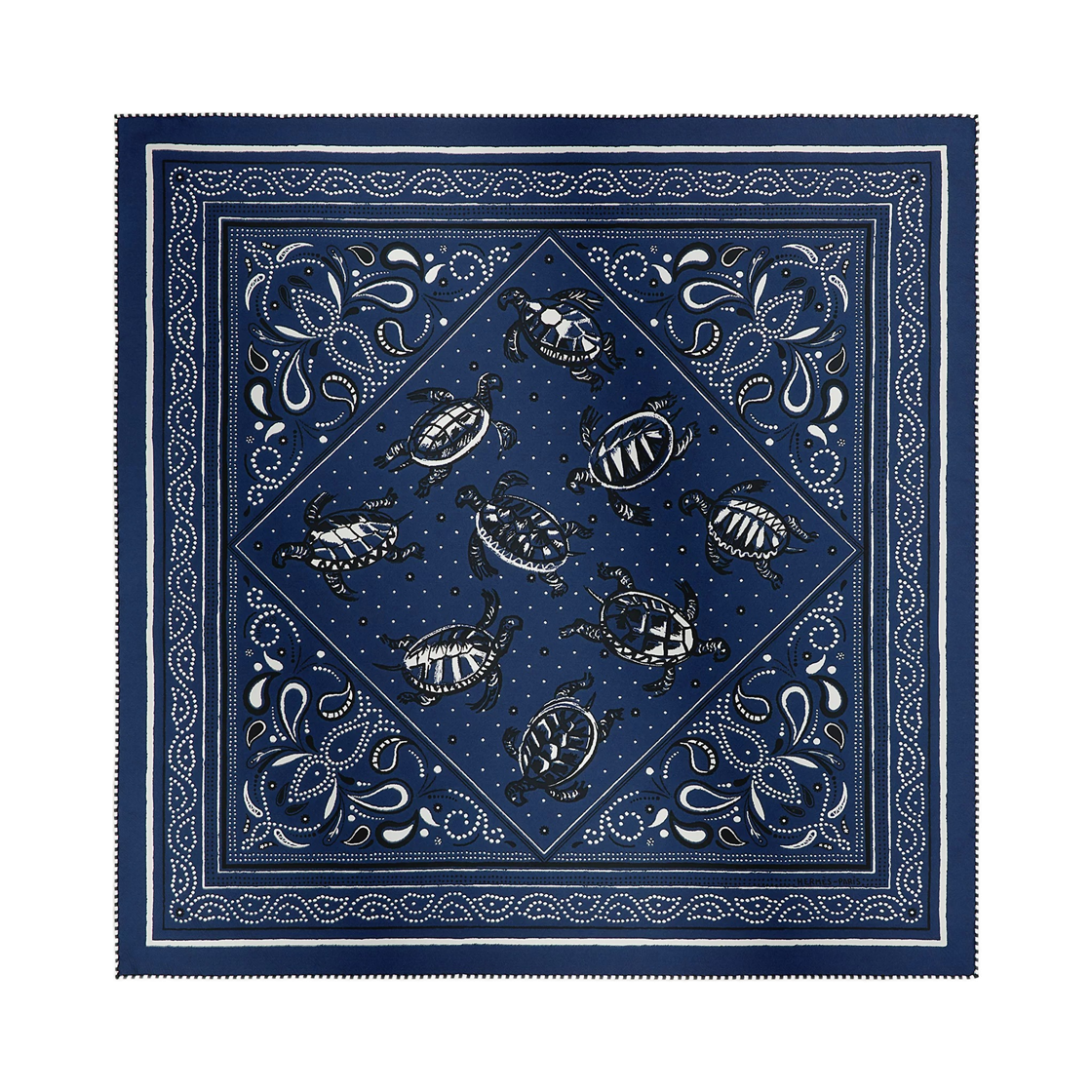 H044352S01 (W) Hermes Les Tortues Bandana 55 Silk Twill & Marine Noir Blanc