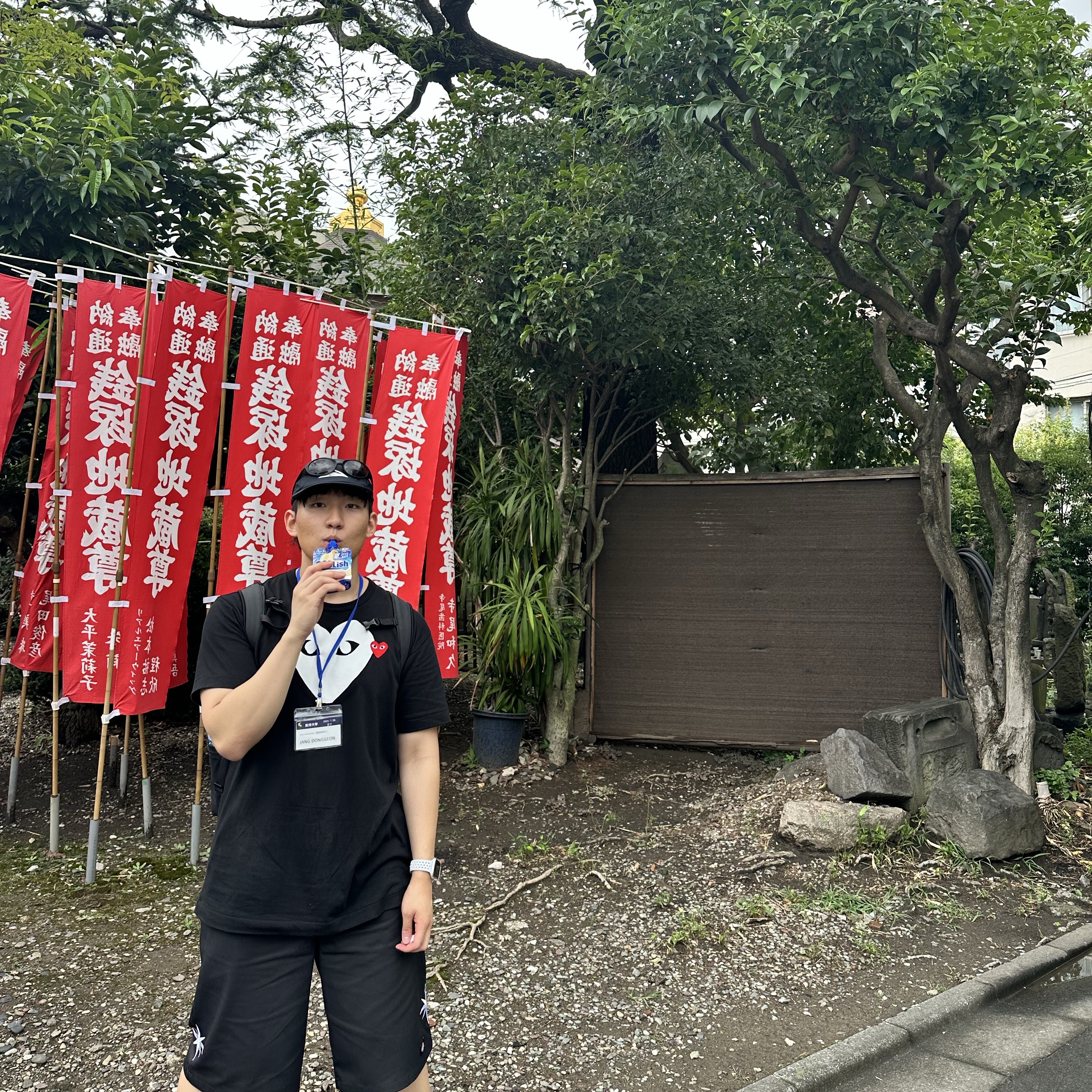 Play Comme des Garcons Red Heart Printed Heart T-Shirt Black, Dickies x Darkr8m Studio 42283 Work Shorts Black 착용 스타일