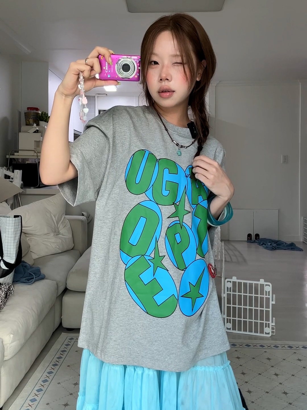 UNIVERSE GARMENT Circle Text Print T-Shirt Melange Grey 착용 스타일 - 4