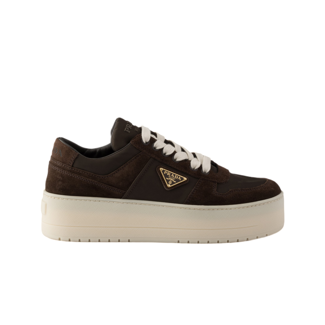 1E792M-ZJM-F0003 (W) Prada Downtown Bold Re-Nylon and Suede Sneakers Dark Brown