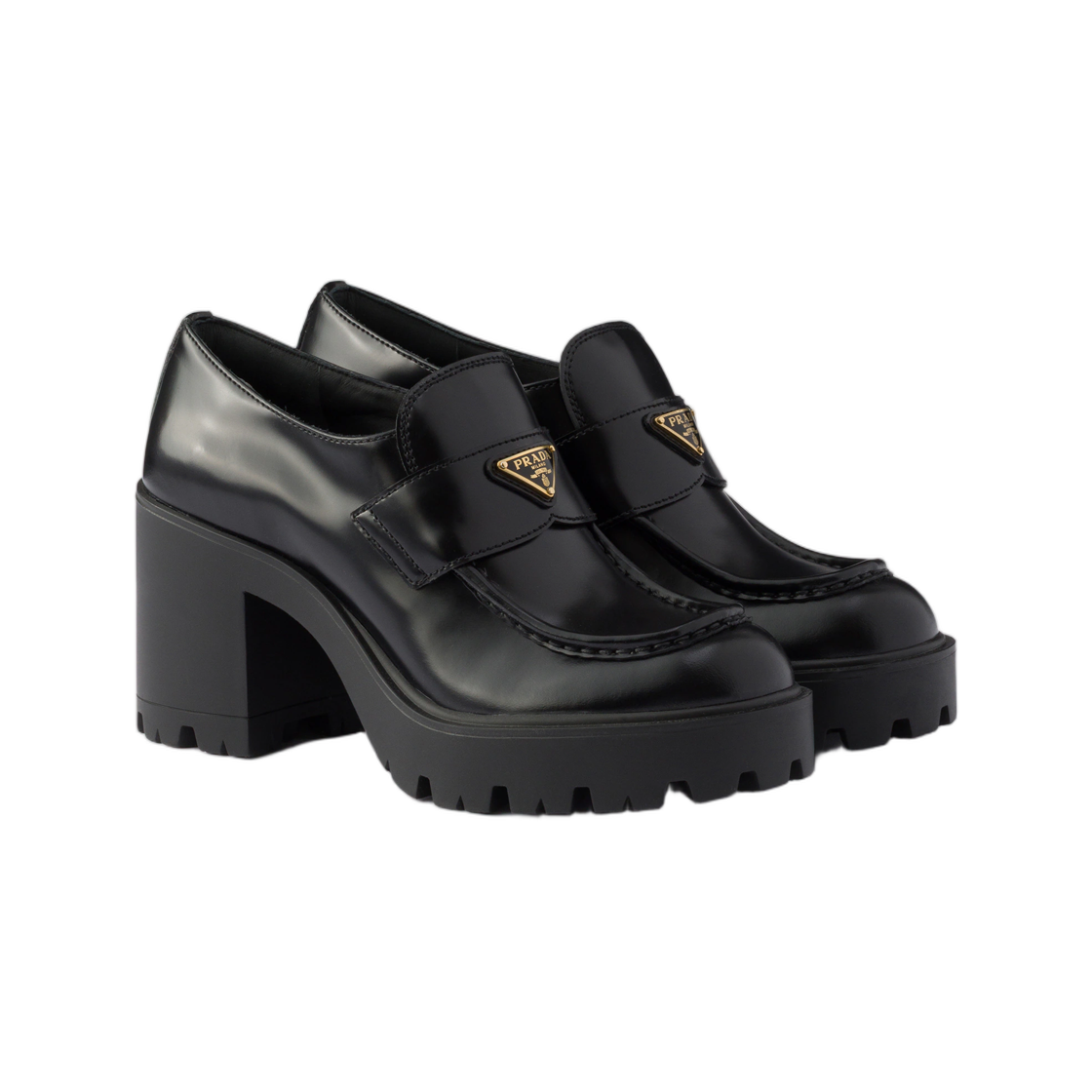 (W) 프라다 브러쉬드 레더 로퍼 블랙((W) Prada Brushed Leather Loafers Black) - 2