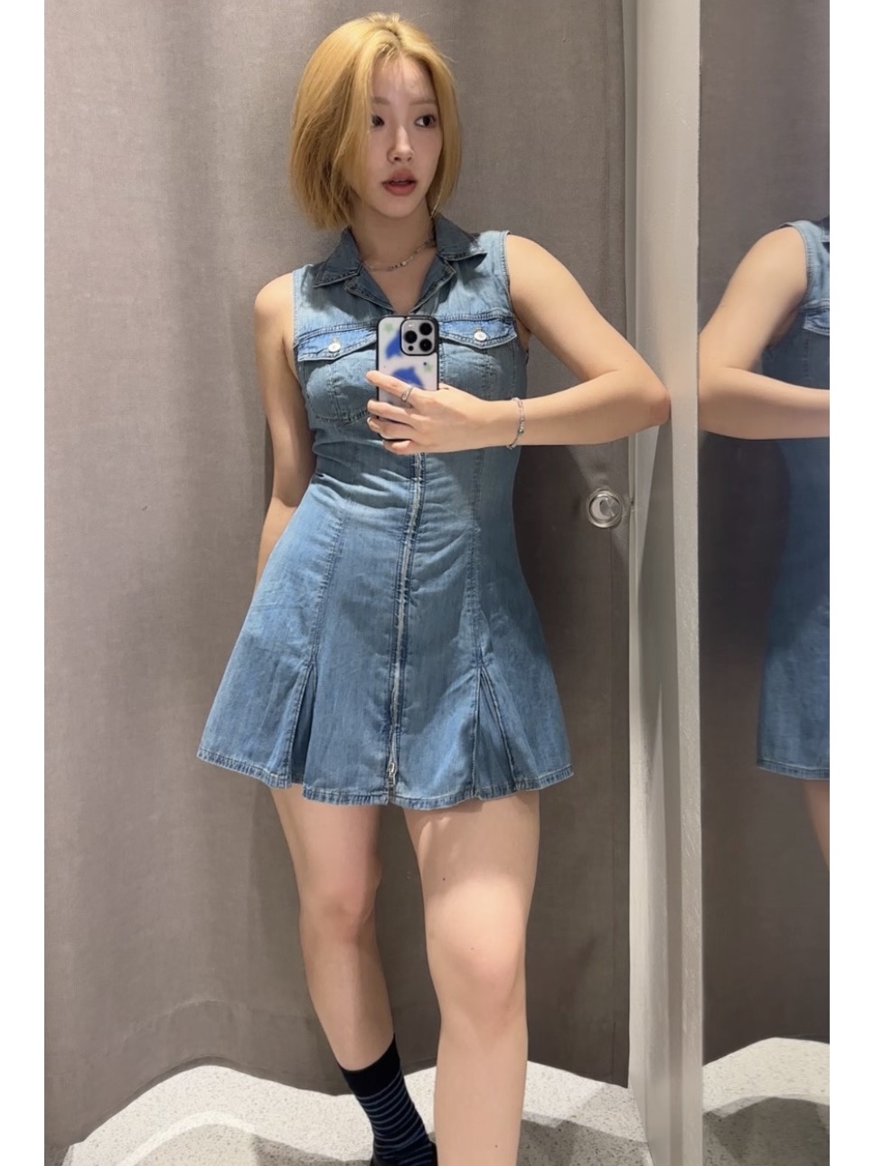 (W) Zara Z1975 Mini Denim Dress Medium Blue, (W) Deinet Mozzi Shoes Black ์ฐฉ์ฉ ์คํ์ผ - 2