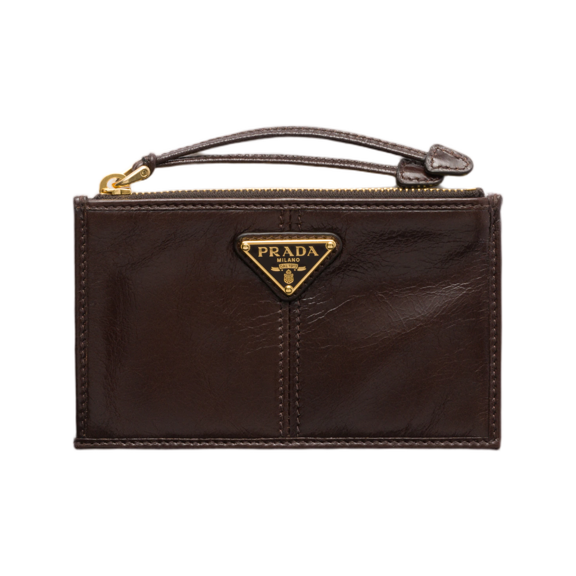 1MC086-2CYR-F0003 Prada Leather Card Holder with Zipper Dark Brown
