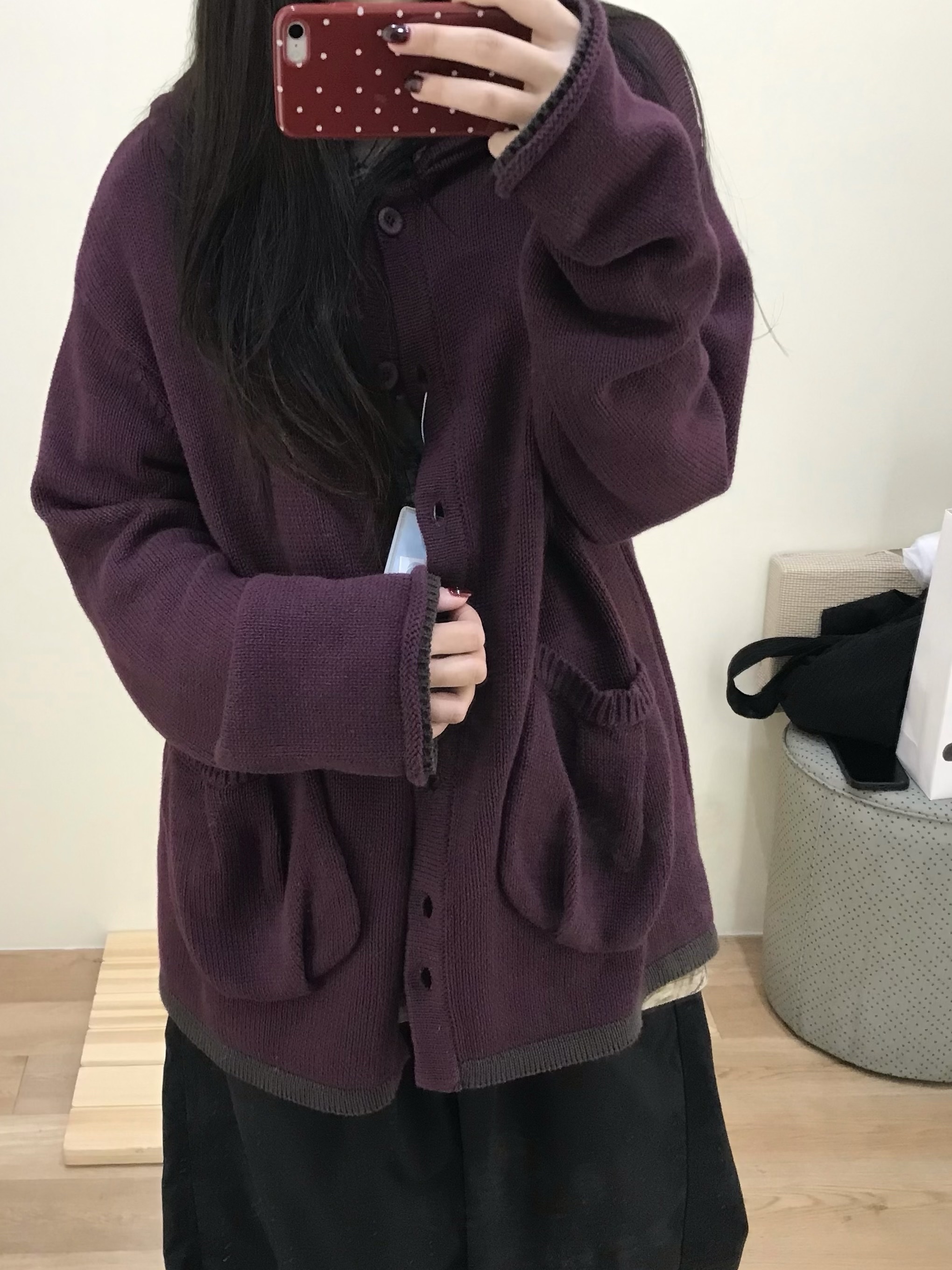 COYSEIO Double Collar Knit Jacket Wine, COYSEIO Stripe Knit Hoodie Navy 착용 스타일 - 2