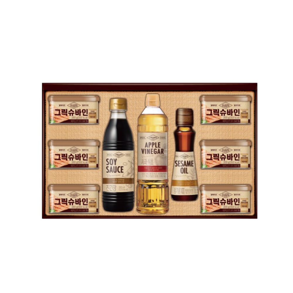 - Samlip Greek Schwein Combination No. 8 (Canham 200g*6 + Soy Sauce 500ml + Apple Cider Vinegar 500ml + Sesame Oil 160ml)