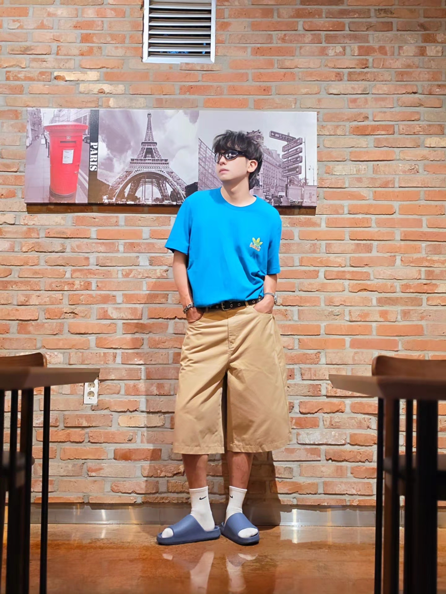 Palace x Adidas Nature T-Shirt Mystery Petrol - 22SS, Nike Calm 2.0 Slides Diffused Blue 착용 스타일 - 3