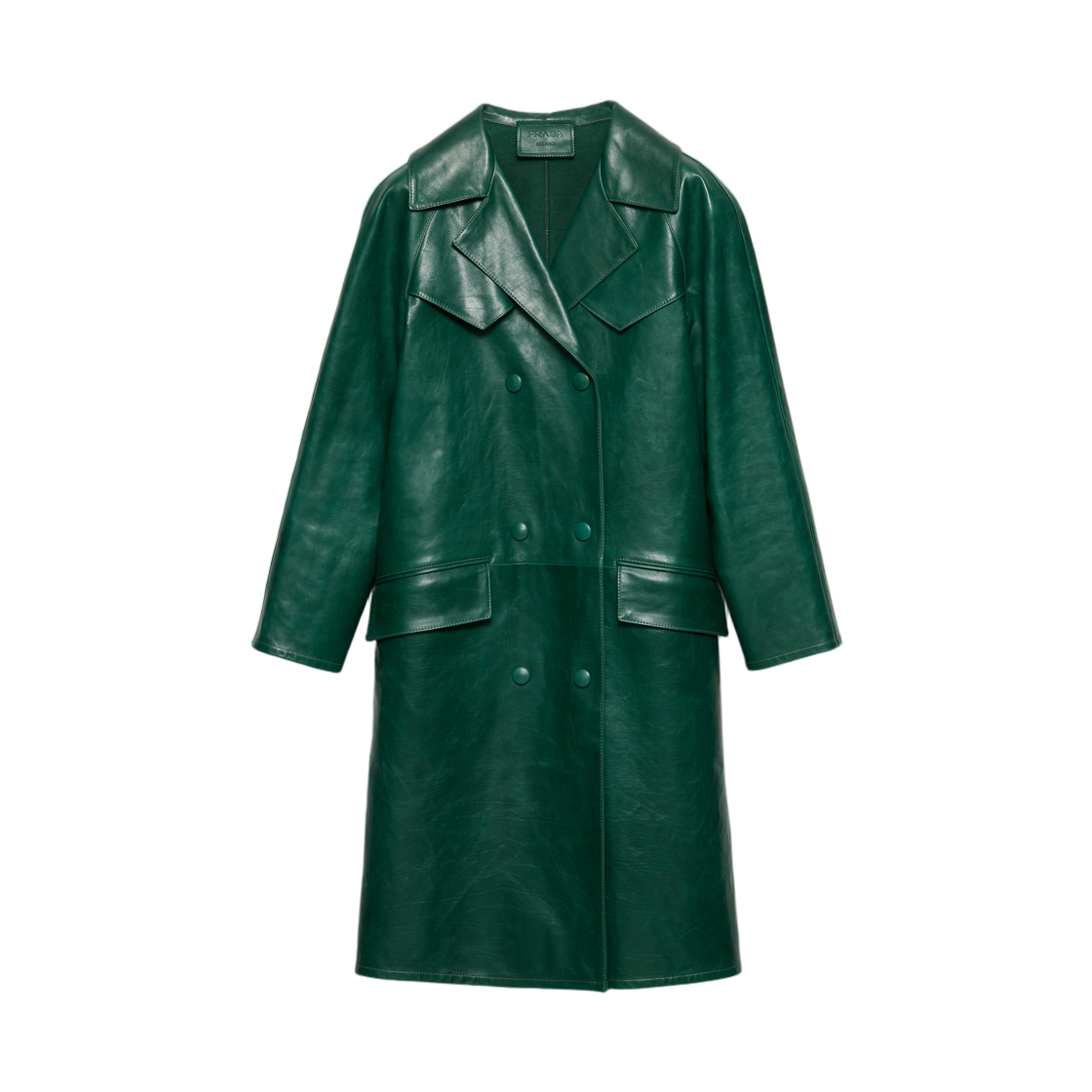 56A229-180P-F077U (W) Prada Double-Breasted Leather Coat Emerald Green