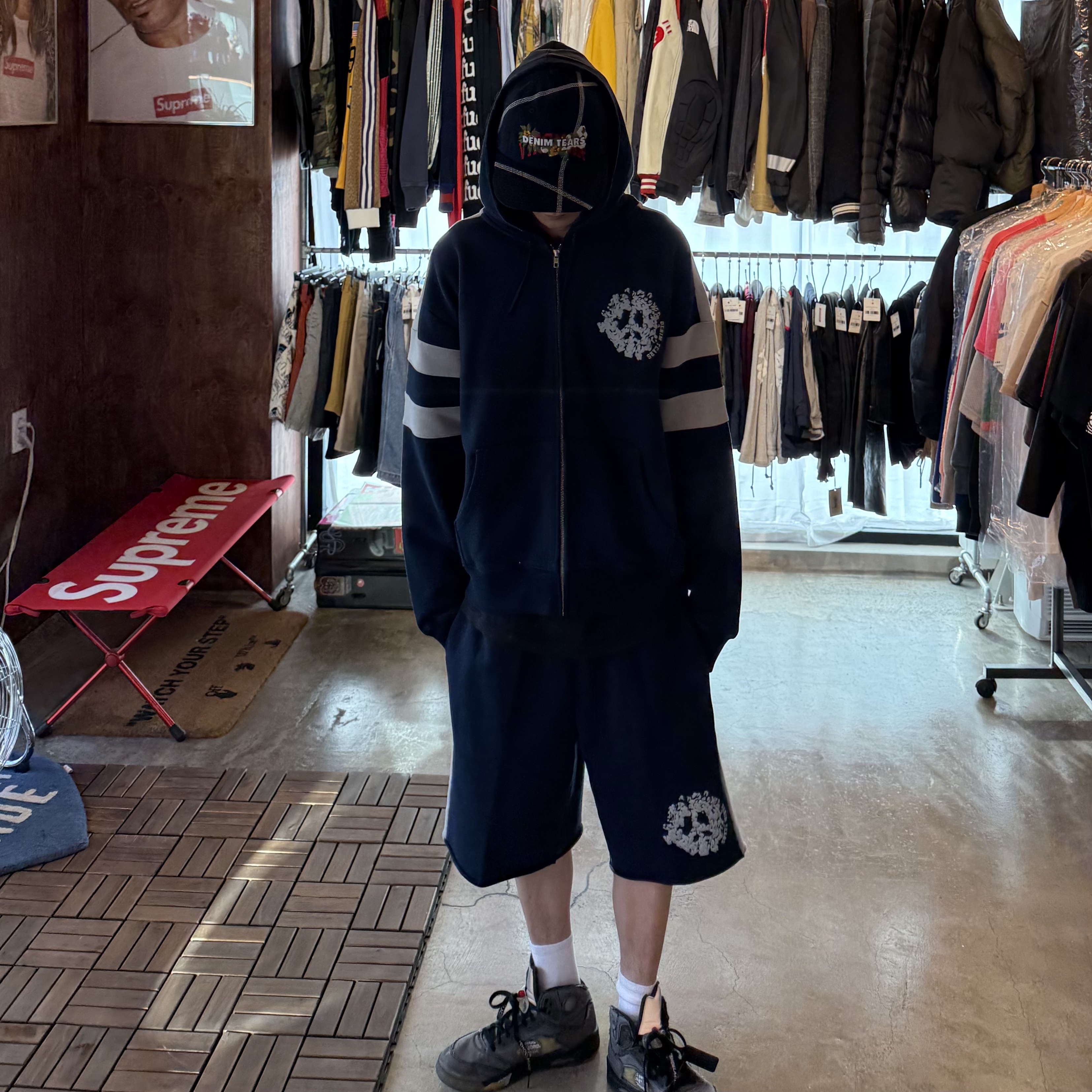 Denim Tears Denim U Paneled Sweatshort Navy, Denim Tears Denim U Paneled Zip Hoodie Navy 착용 스타일 - 2