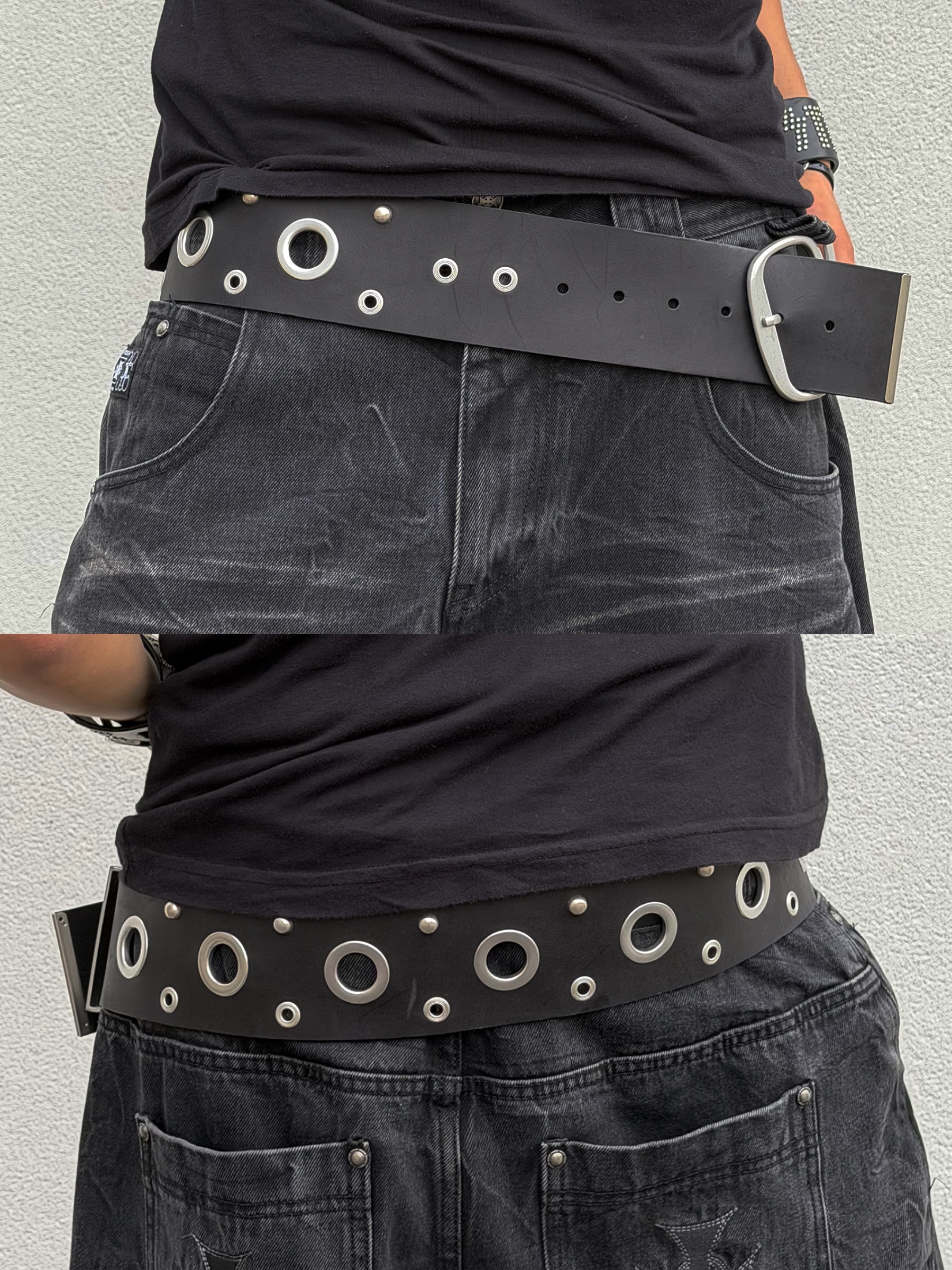 Vacant Archive Rei Stud Wide Belt Black, Vacant Archive Rei Stud Wide Belt Charcoal 착용 스타일 - 3