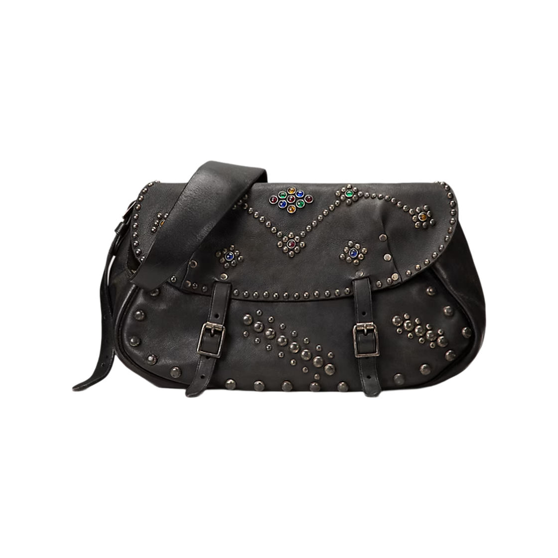 더블알엘 스터드 레더 새들백 블랙 빈티지 실버(Double RL Studded Leather Saddlebag Black Vintage Silver)