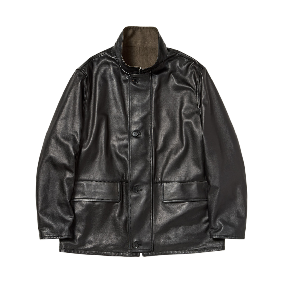 오라리 리버시블 울 트위스트 트윌 쉽 레더 하프 코트 브라운 샴브레이 블랙(Auralee Reversible Wool Twisted Twill Sheep Leather Half Coat Brown Chambray Black) - 2