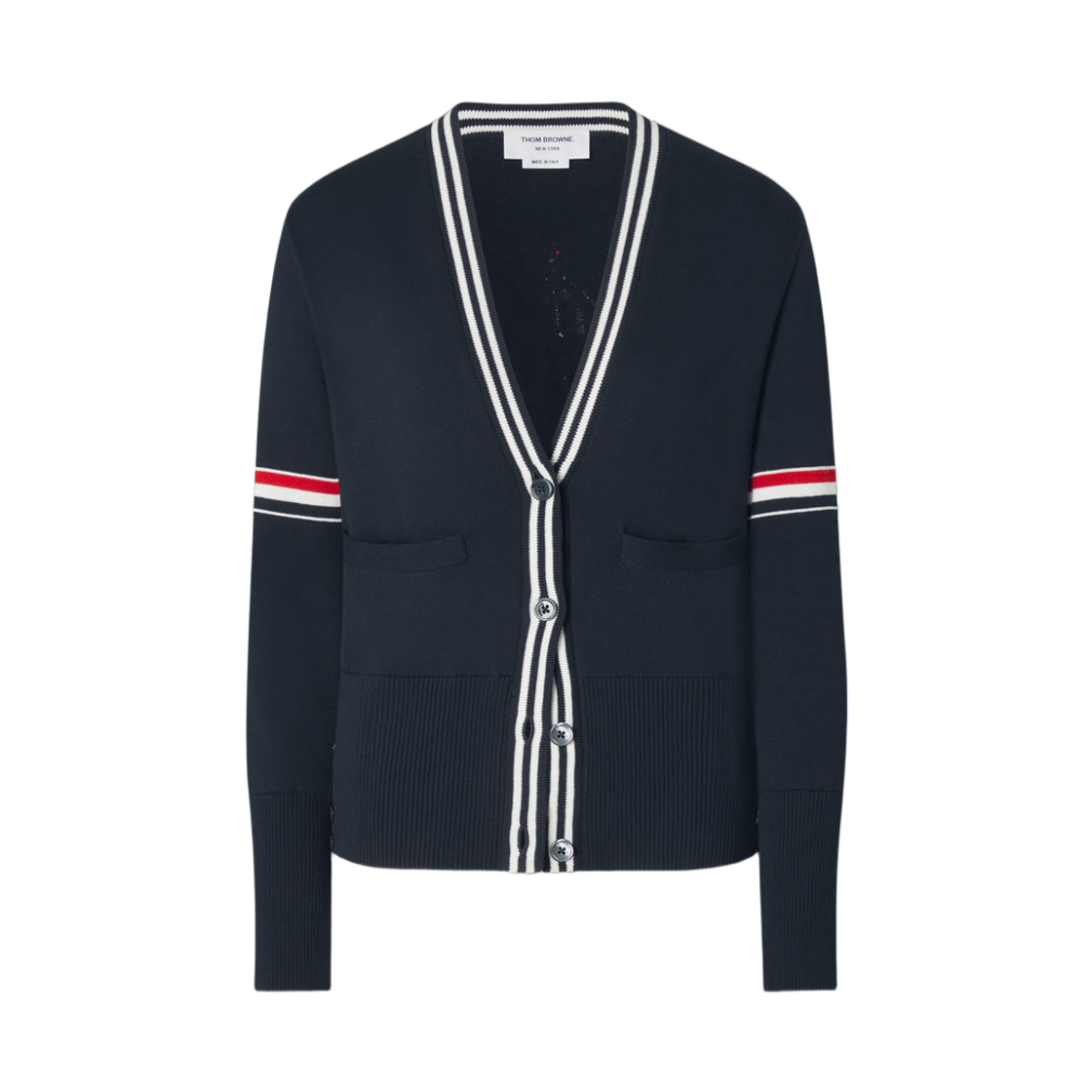 FKC717A-Y3004-415 (W) Thom Browne RWB Stripe Jacquard Sailboat Cardigan Navy