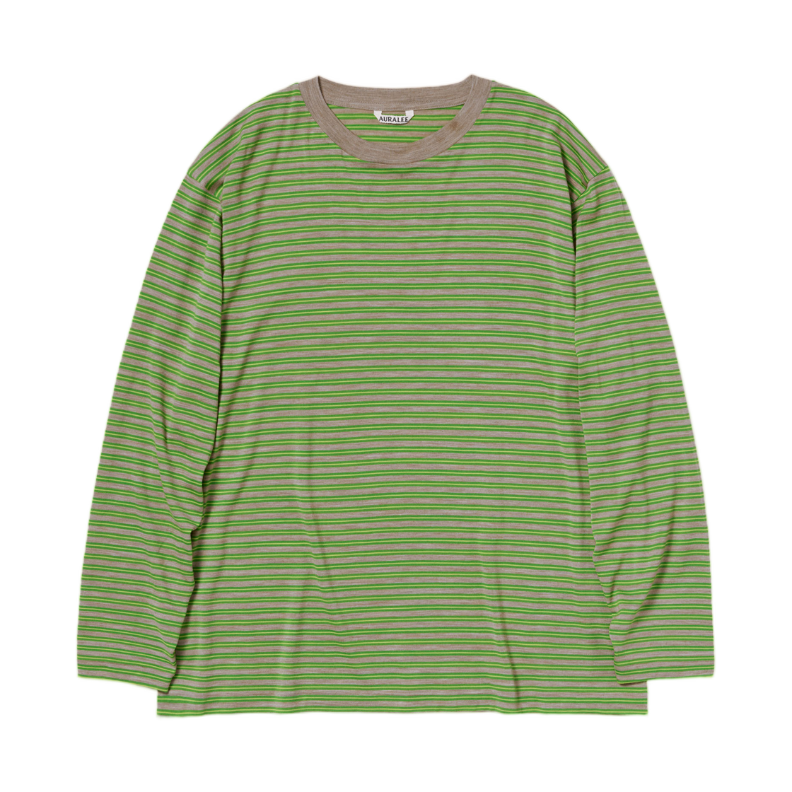 A26AP01BT Auralee Soft Smooth Wool Stripe Jersey L/S T-Shirt Green Stripe
