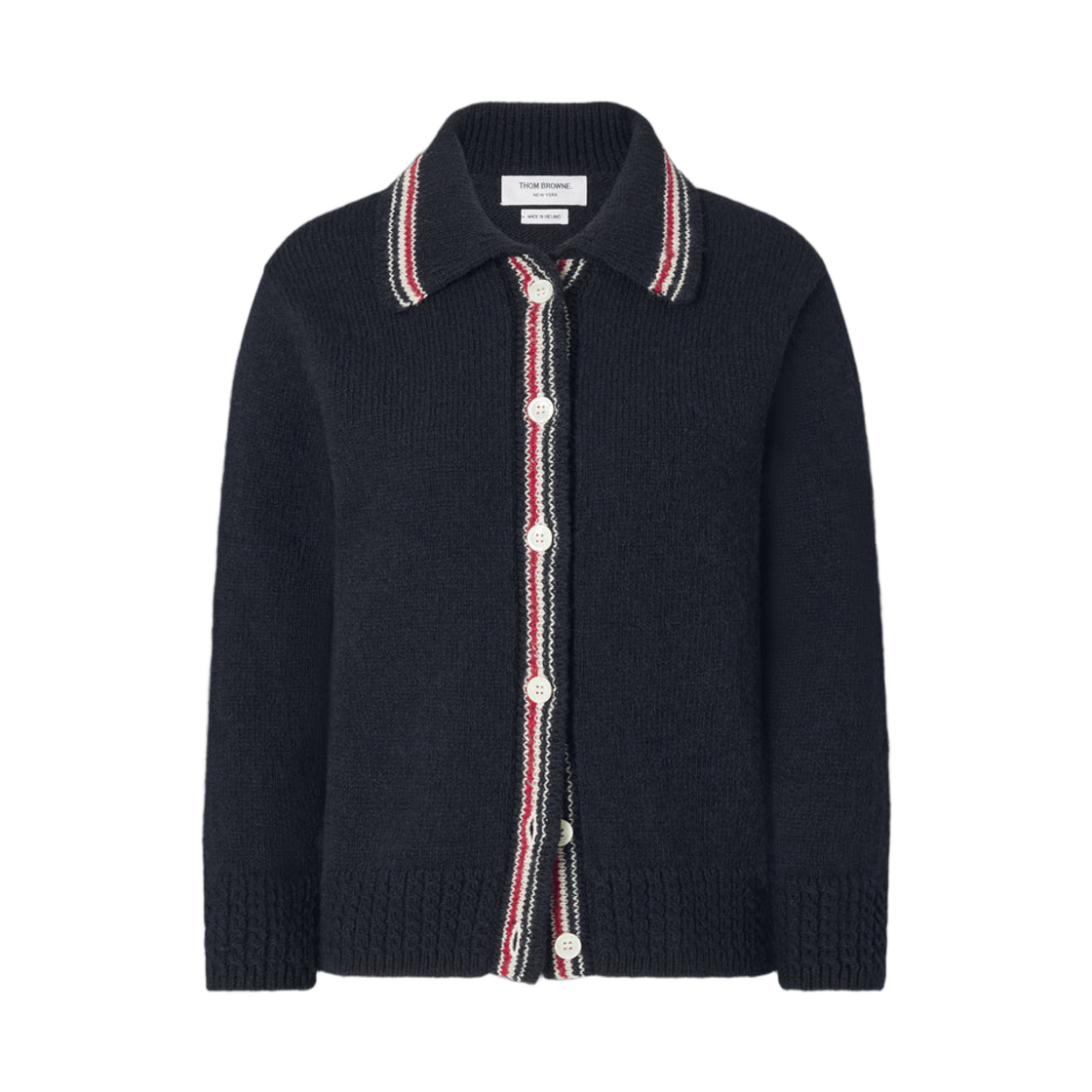 FKC719A-Y1506-415 (W) Thom Browne Donegal RWB Stripe Hector Pointelle Cardigan Navy