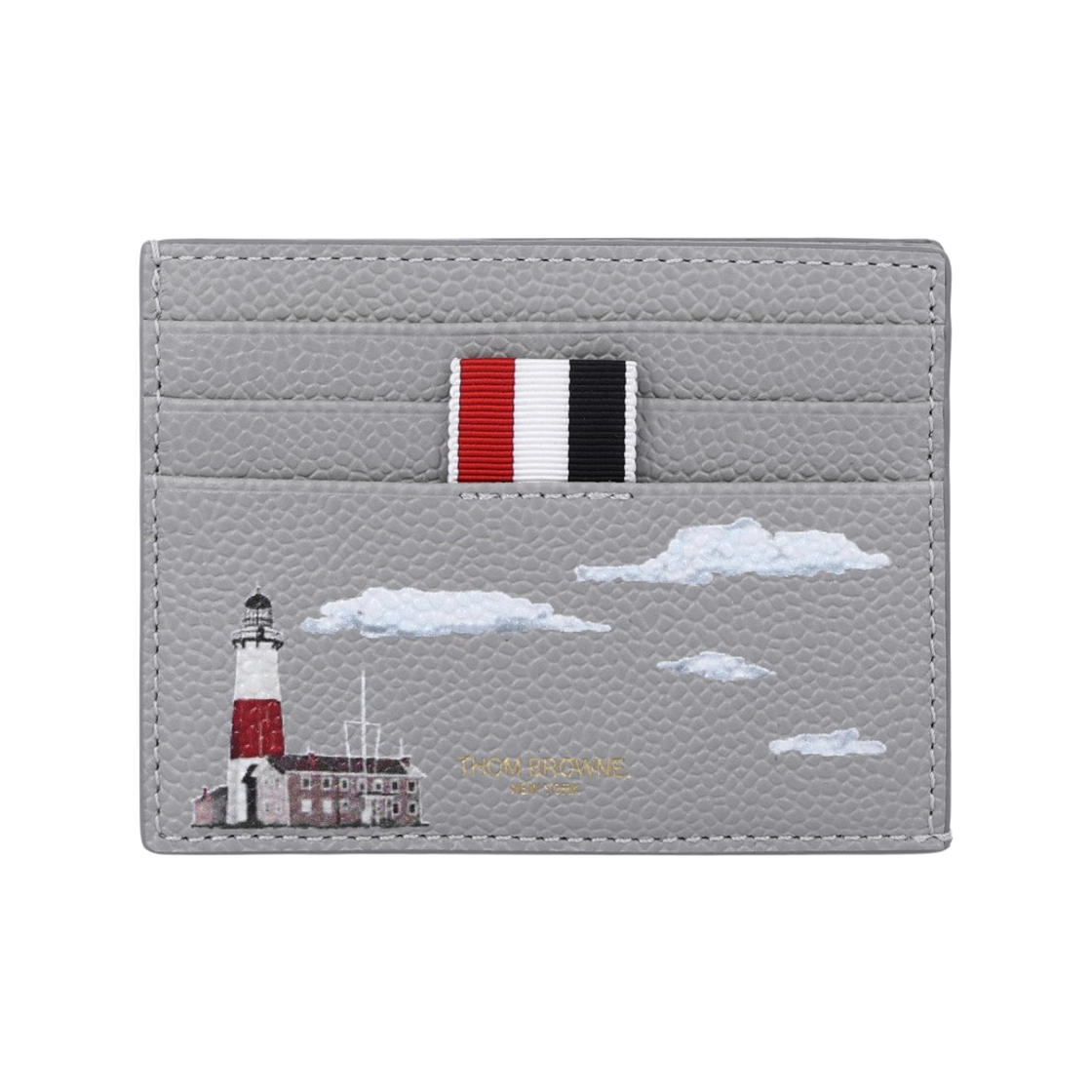 MAW031A-E1590-055 Thom Browne Nantucket Print Pebble Grain Leather Note Compartment Single Card Holder Light Grey