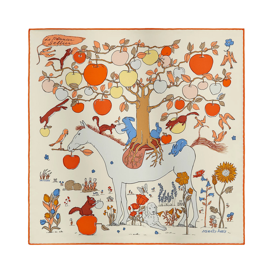 H894307S03 (W) Hermes Le Pommier Sellier Scarf 45 Creme Orange Bleu