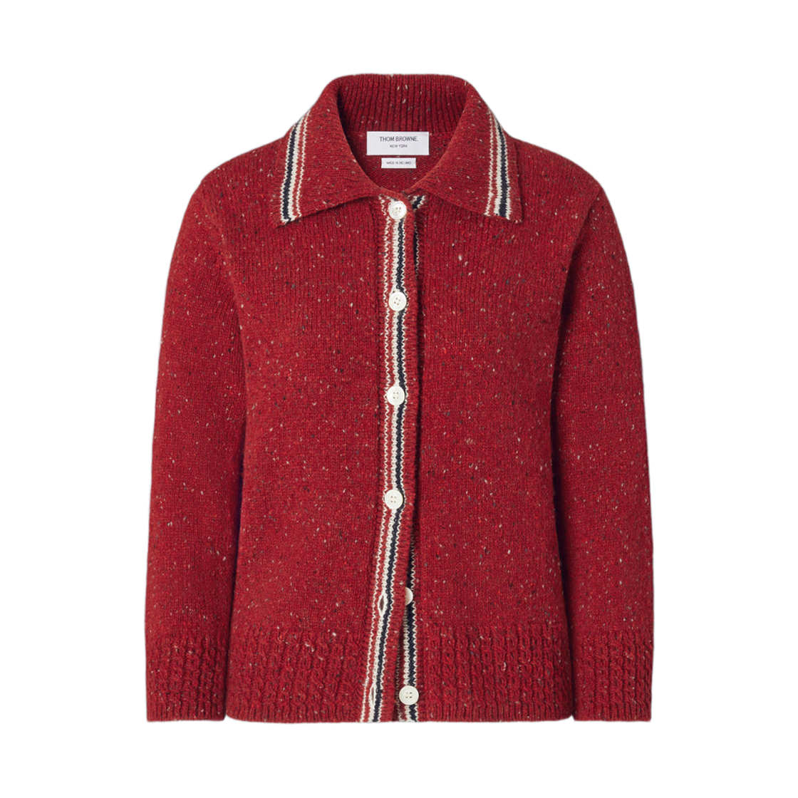 FKC719A-Y1506-600 (W) Thom Browne Donegal RWB Stripe Hector Pointelle Cardigan Red