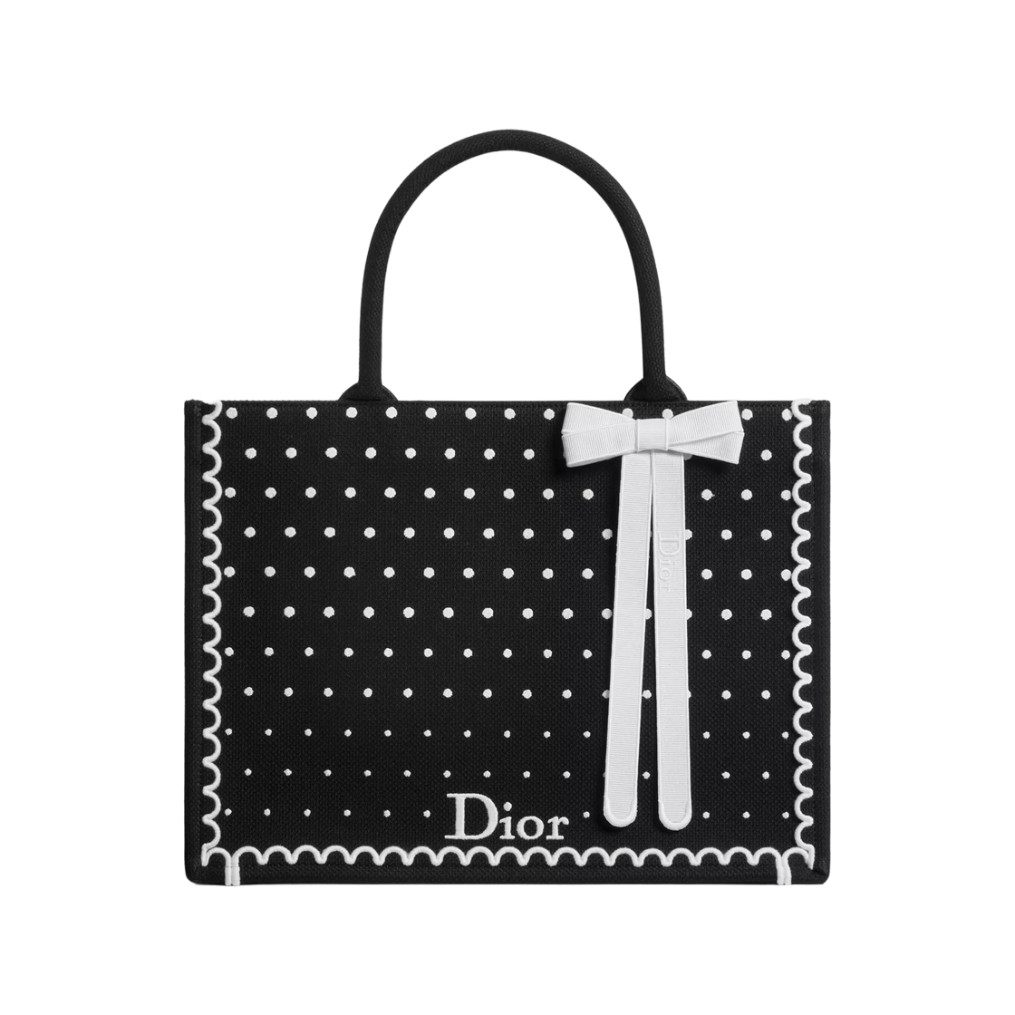 M1354PEIK-M911 Dior Medium Dior Book Tote With Strap Polka Dior Embroidery Black White