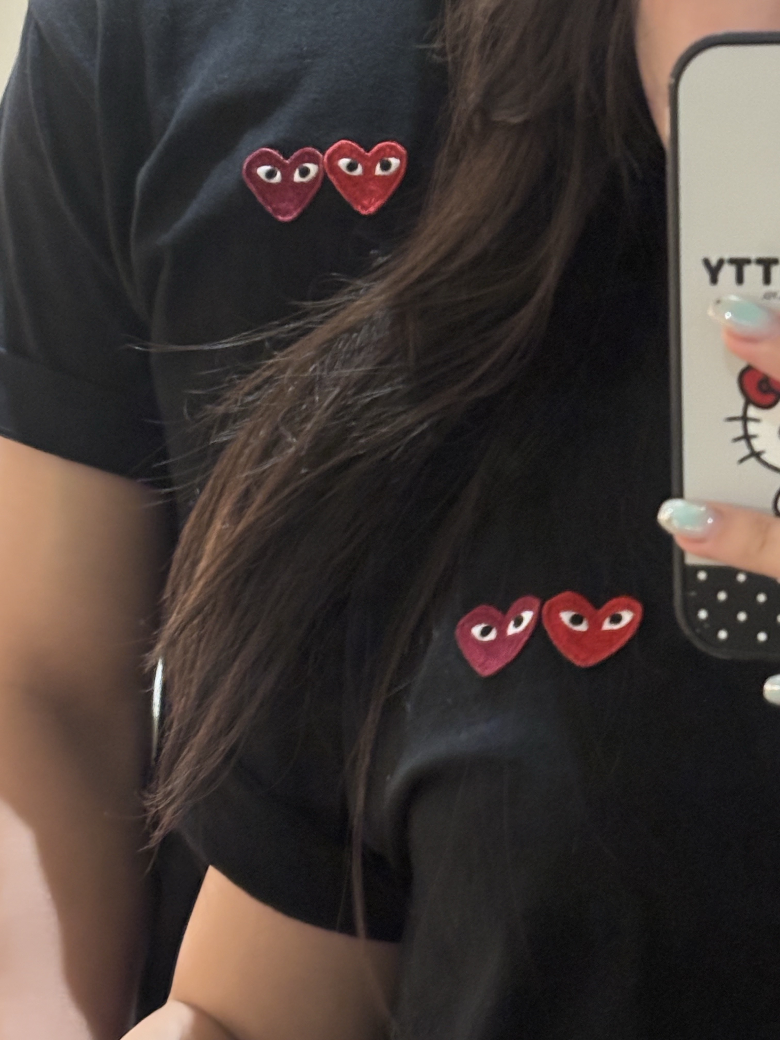 Play Comme des Garcons Double Heart T-Shirt Black 착용 스타일 - 1