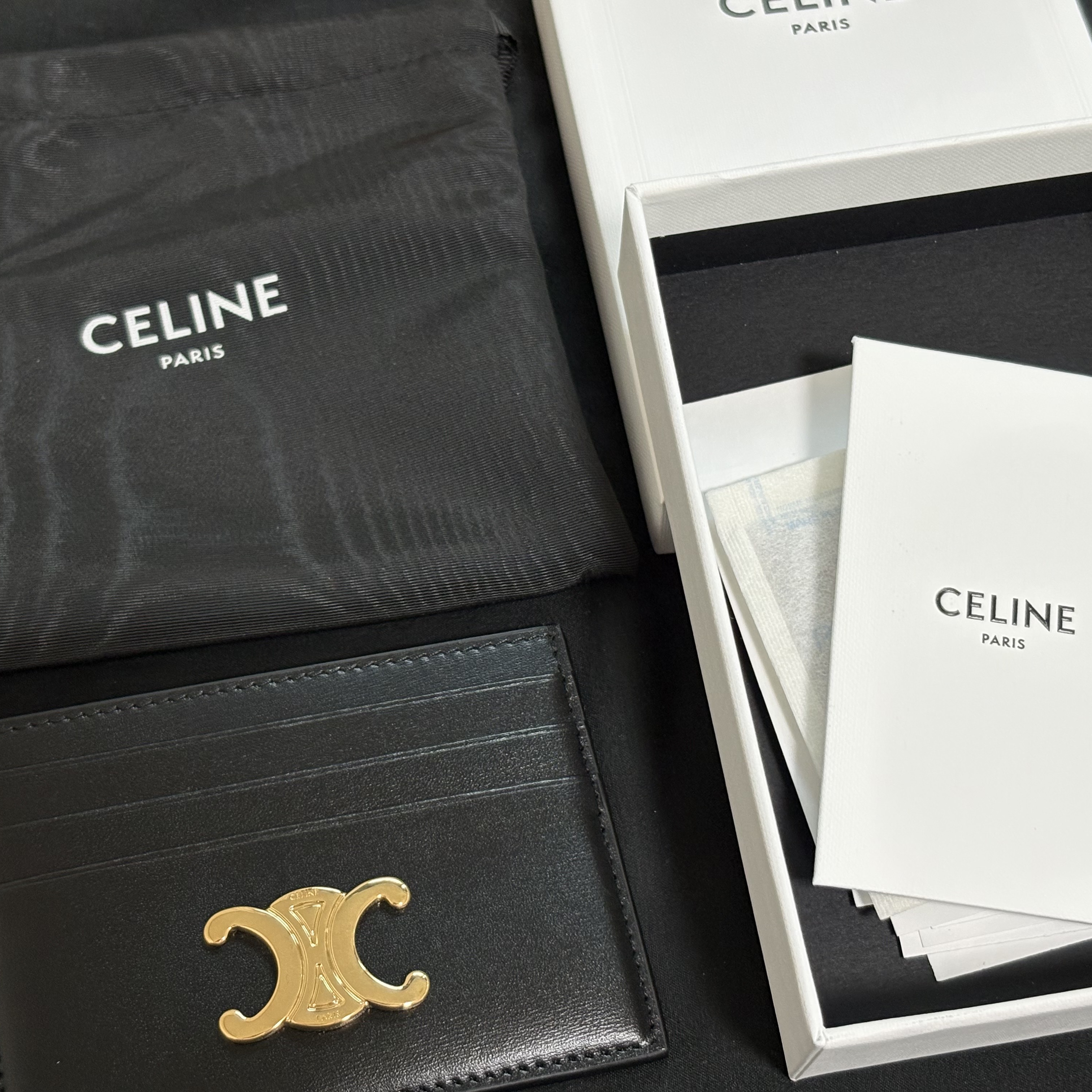 Celine Triomphe Card Holder in Shiny Calfskin Black 착용 스타일 - 1