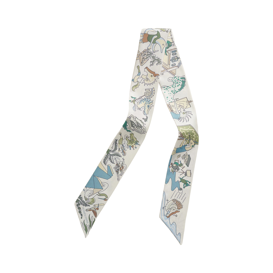 H064281S04 (W) Hermes Academia Hippica Twilly Silk & Blanc Bleu Clair Vert