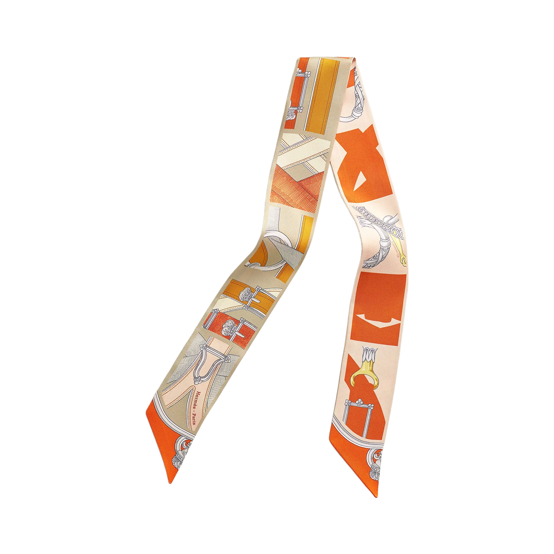 H064395S03 (W) Hermes Cavalcadour Remix Twilly Orange Beige Caramel