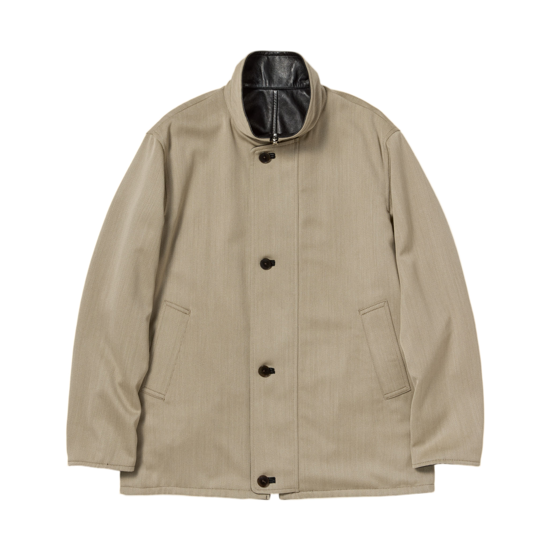 A26AC01AN Auralee Reversible Wool Twisted Twill Sheep Leather Half Coat Khaki Beige Chambray Black