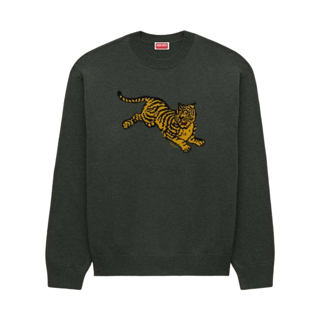 FG65PU8243FN-51 Kenzo Jumping Tiger Embroidered Jumper in Cotton Wool Dark Khaki