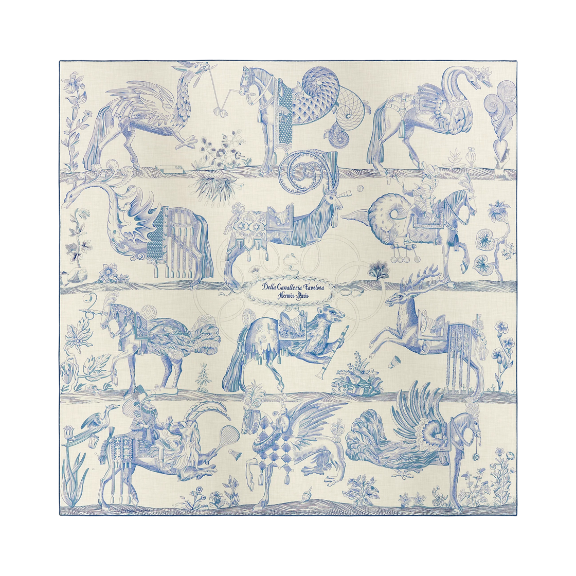 H243162S02 (W) Hermes Della Cavalleria Favolosa Shawl 140 Blanc Bleu Jean Lavande