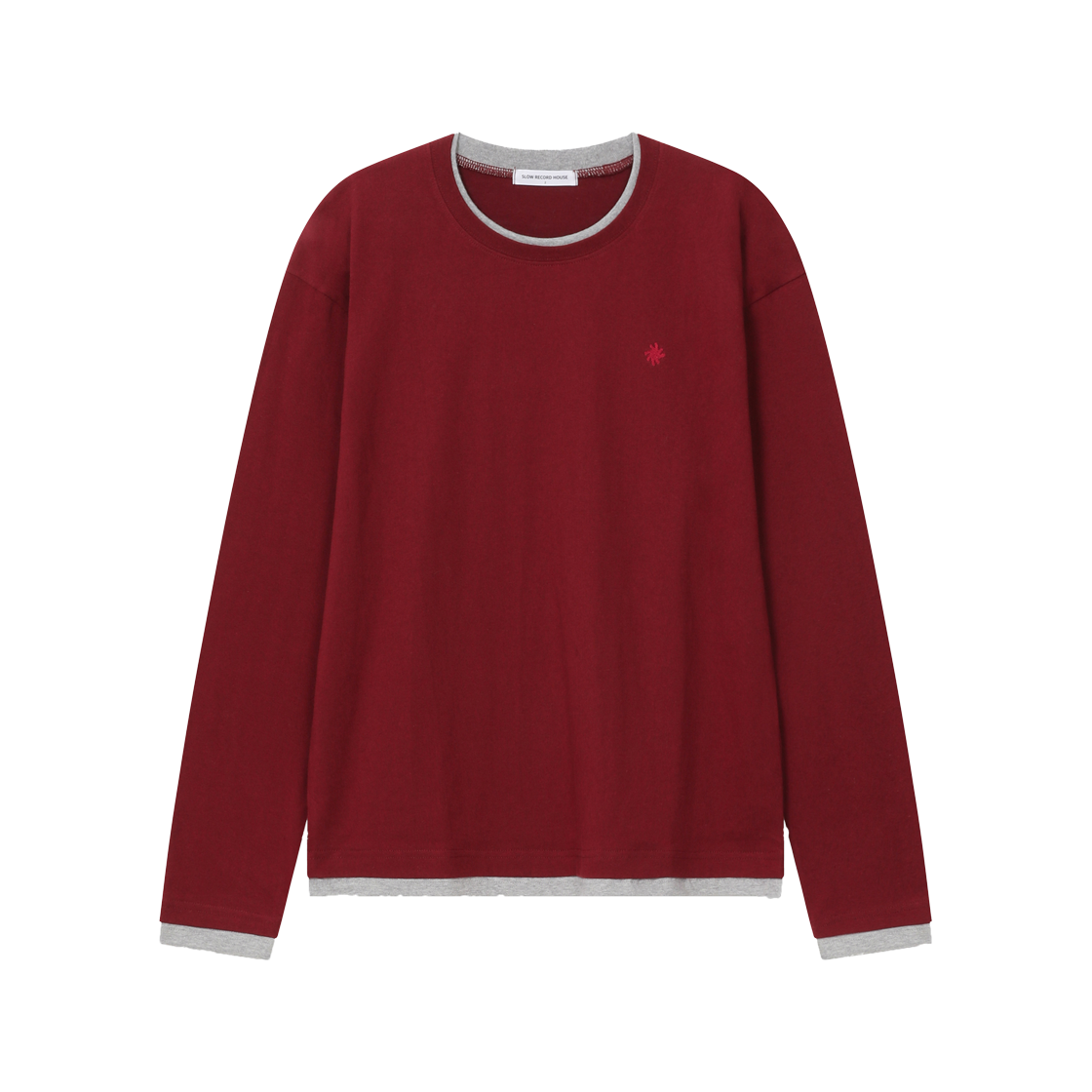 SR16FTOP02BU SLOW RECORD HOUSE Color Block Layered Long Sleeve T-Shirt Burgundy