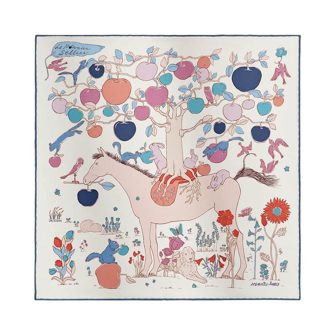 H894307S09 (W) Hermes Le Pommier Sellier Scarf 45 Blanc Bleu Parme