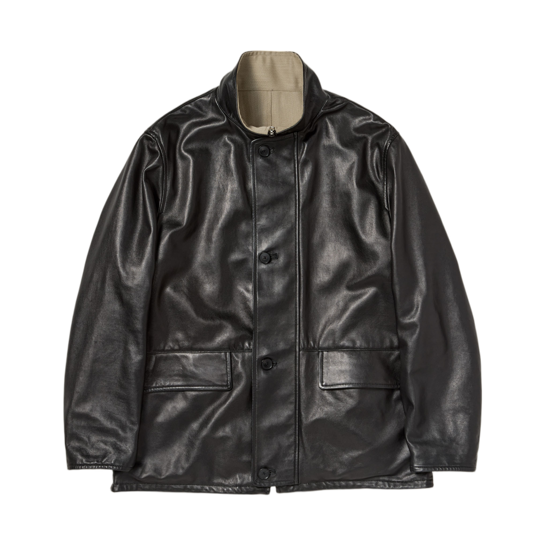 오라리 리버시블 울 트위스트 트윌 쉽 레더 하프 코트 카키 베이지 샴브레이 블랙(Auralee Reversible Wool Twisted Twill Sheep Leather Half Coat Khaki Beige Chambray Black) - 2