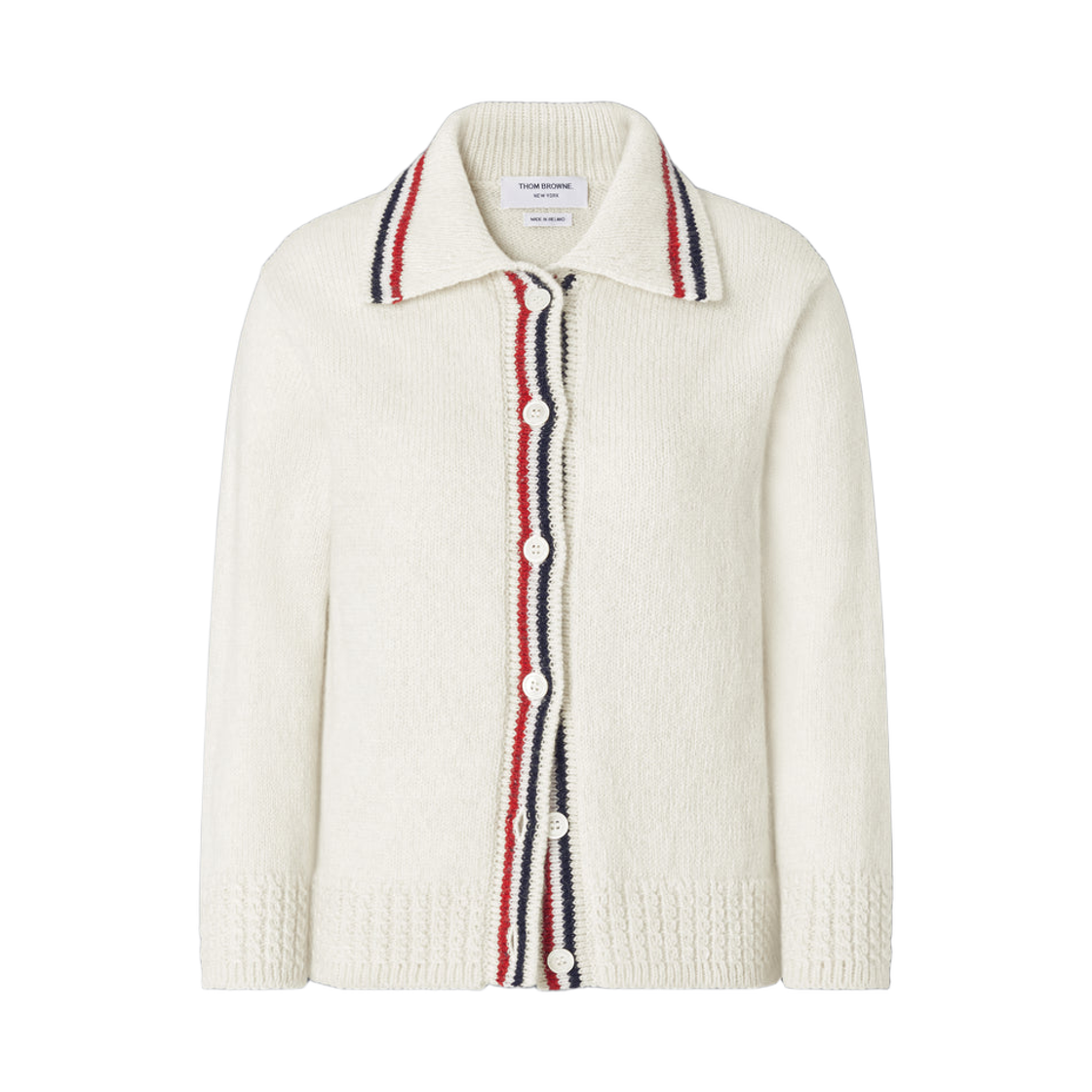 FKC719A-Y1506-100 (W) Thom Browne Donegal RWB Stripe Hector Pointelle Cardigan White