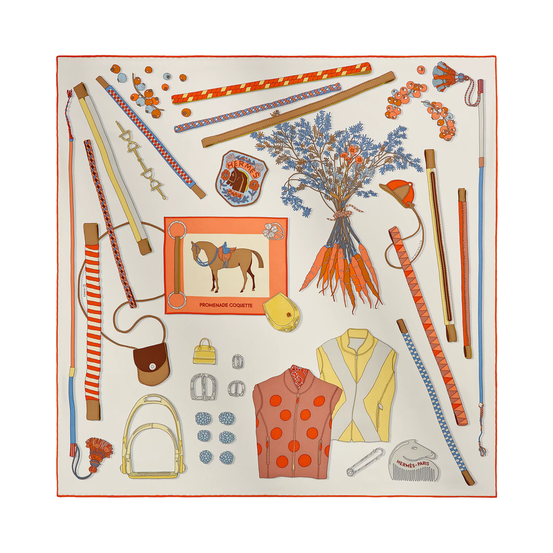 H984364S04 (W) Hermes Promenade Coquette Scarf 70 Silk & Blanc Orange Gris Bleute