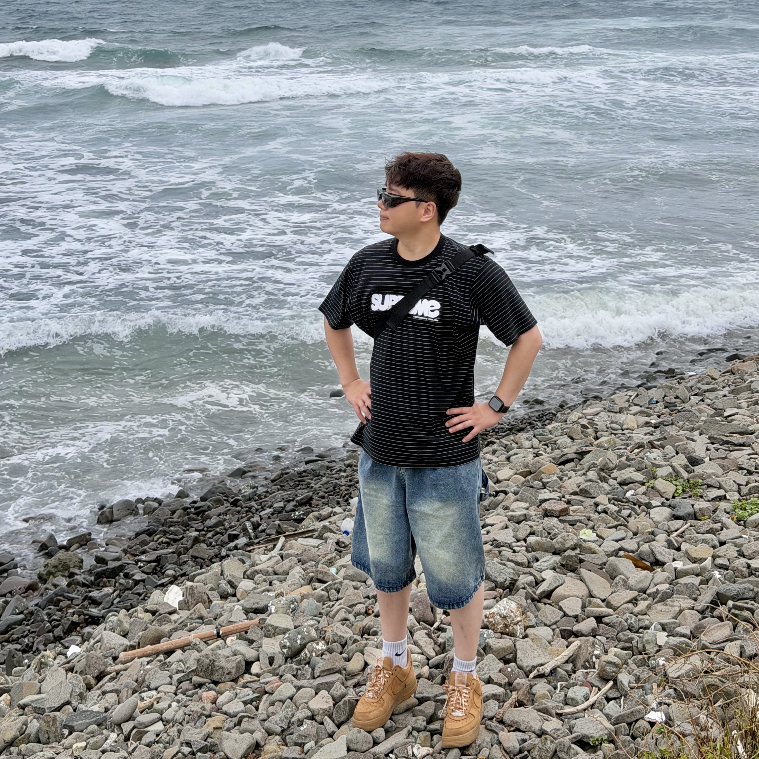 Takashiba Gimune Safety Overglasses Black, Supreme Bubble S/S Top Black - 25SS 착용 스타일