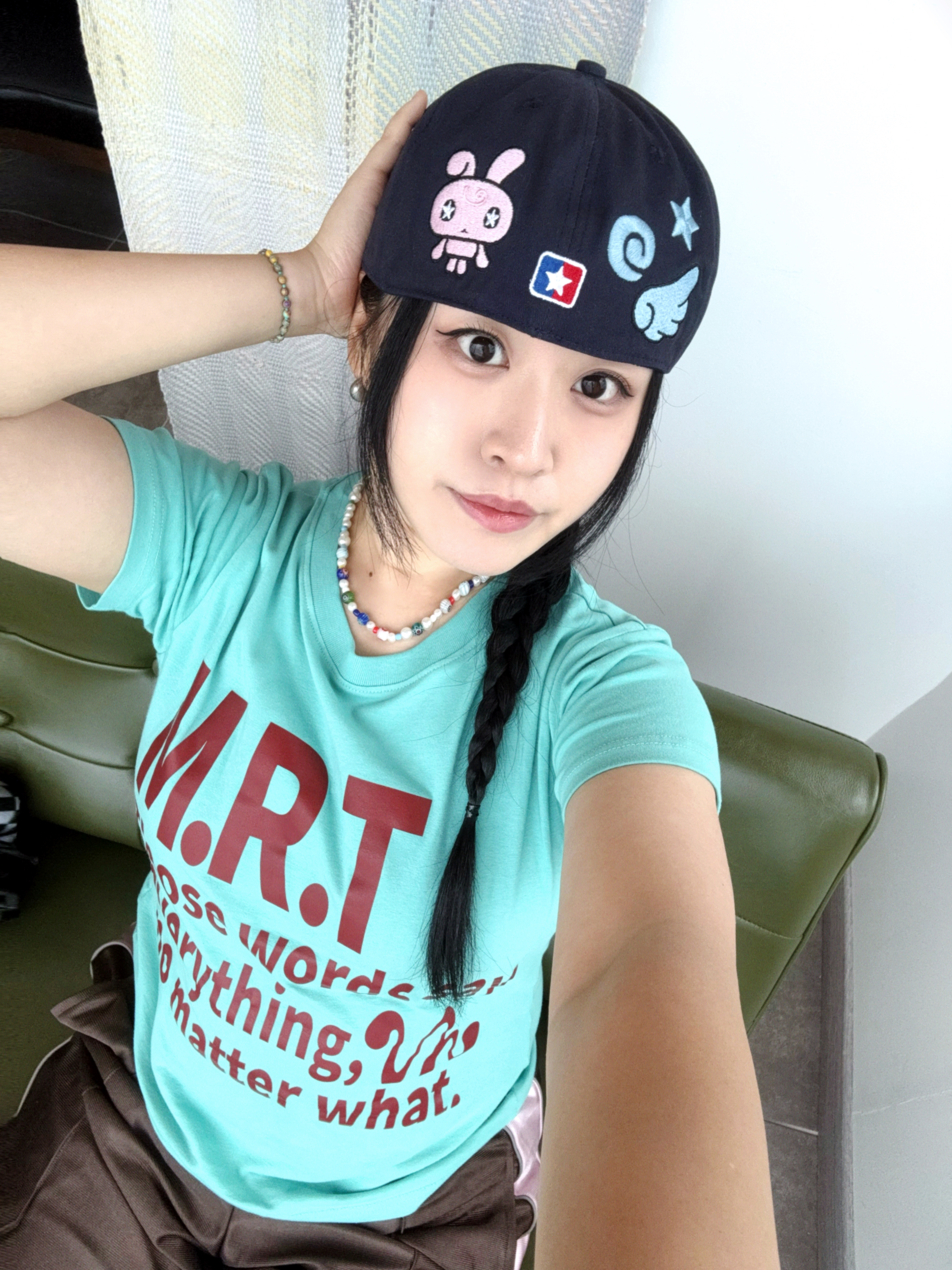 venhit ECA Rabbit Star Cap, venhit MRT Vivid Slim Fit Short Sleeve T-Shirt Mint 착용 스타일 - 2