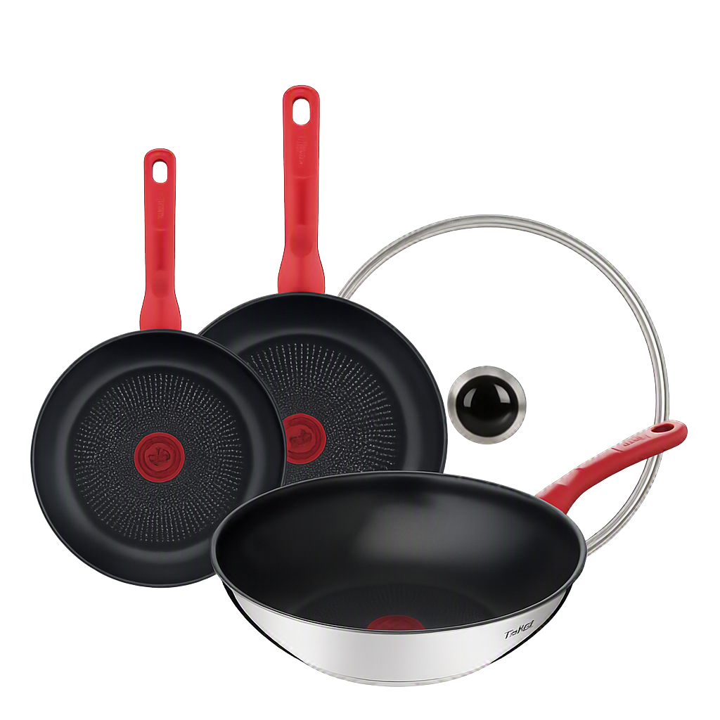 테팔 에디션 레드 인덕션 프라이팬 20cm+24cm+궁중팬28cm+유리뚜껑(Tefal Edition Red Induction Frying Pan 20cm + 24cm + Deep Wok Pan 28cm + Glass Lid)