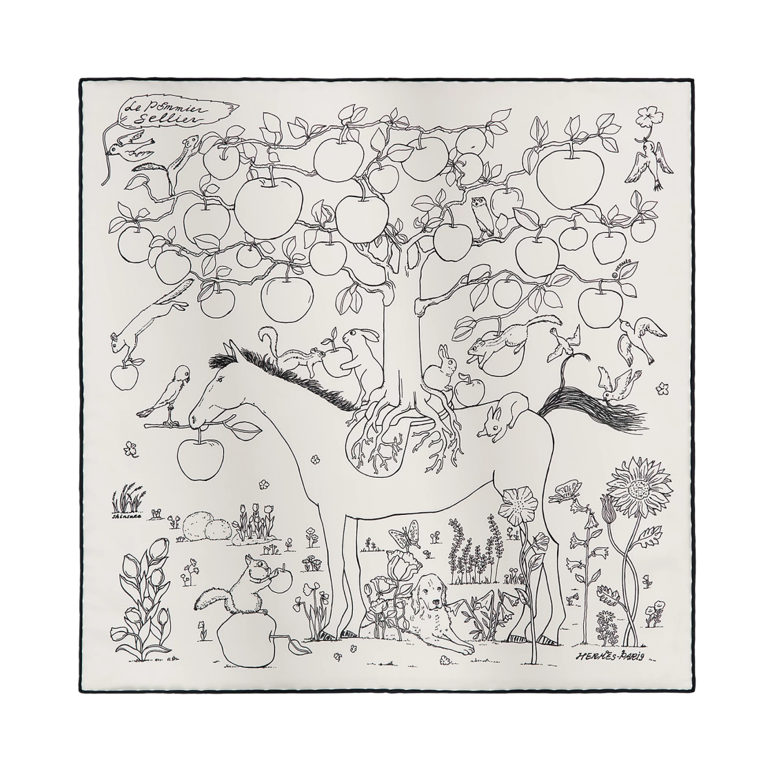 H894307S06 (W) Hermes Le Pommier Sellier Scarf 45 Blanc Noir