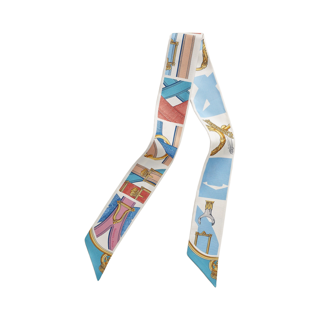 H064395S01 (W) Hermes Cavalcadour Remix Twilly Silk & Gris Perle Blue Bois De Rose