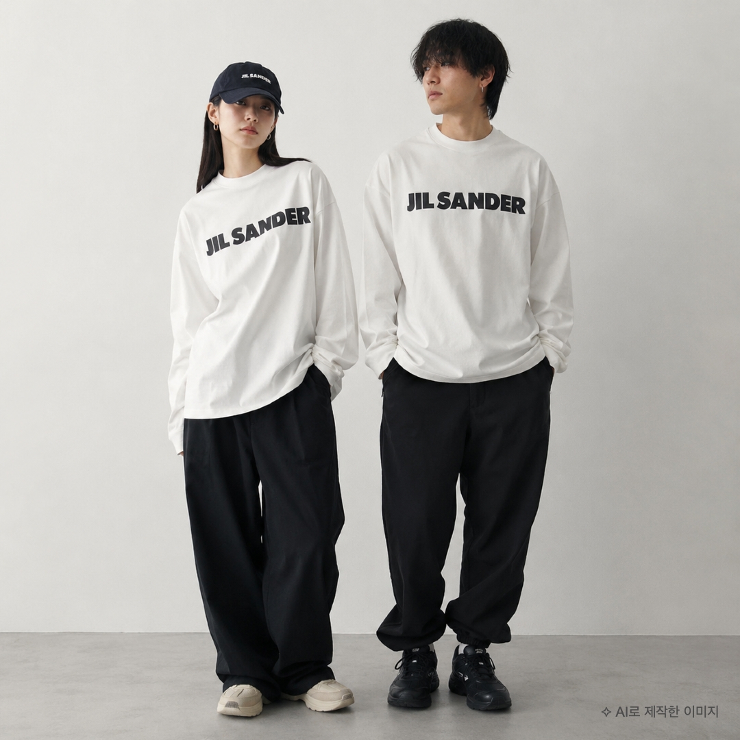 (W) Jil Sander Logo Long Sleeve T-Shirt Natural, Jil Sander Logo Cotton Crewneck Long Sleeve T-Shirt Natural 착용 스타일