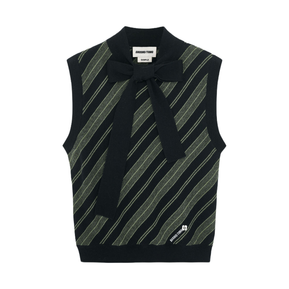 슈슈통 우먼 타이 슬리브리스 니트 탑 그린 스트라이프 - 26FW(Shushu/Tong Women Tie Front Bow Sleeveless Knit Top Green Stripe - 26FW)
