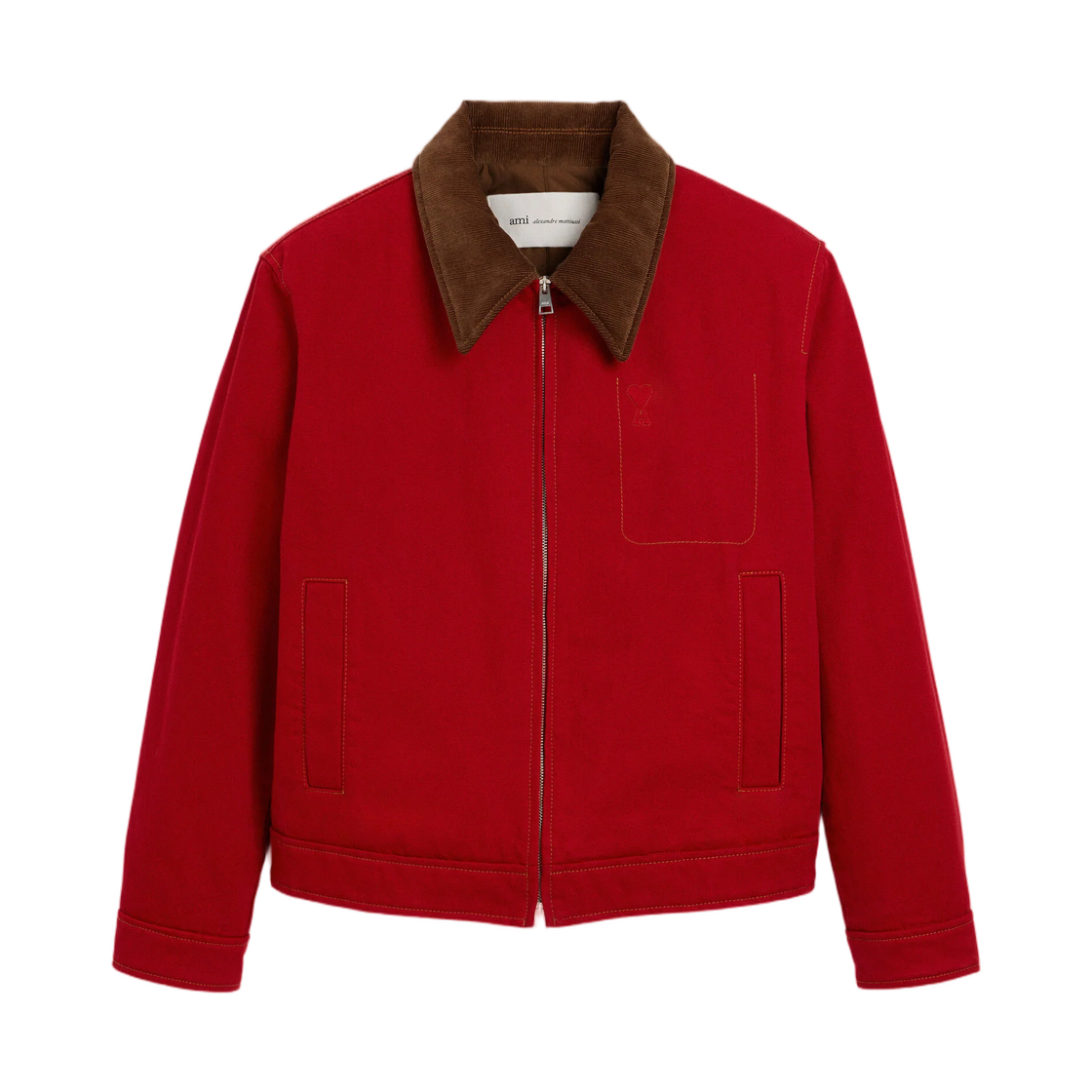 아미 레드 코튼 지퍼 자켓 톤온톤 하트 로고 루비 레드(AMI Red Cotton Zipped Jacket with Ami De Coeur Tone-On-Tone Ruby Red)